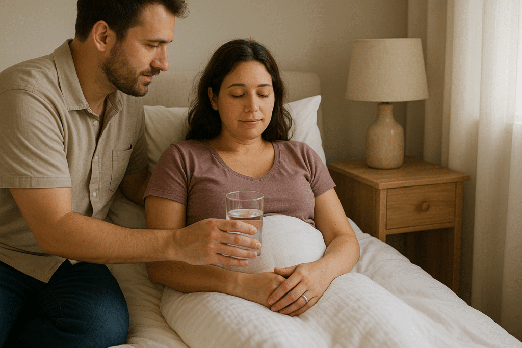 Mother recovering in bed during first five days postpartum with partner’s support