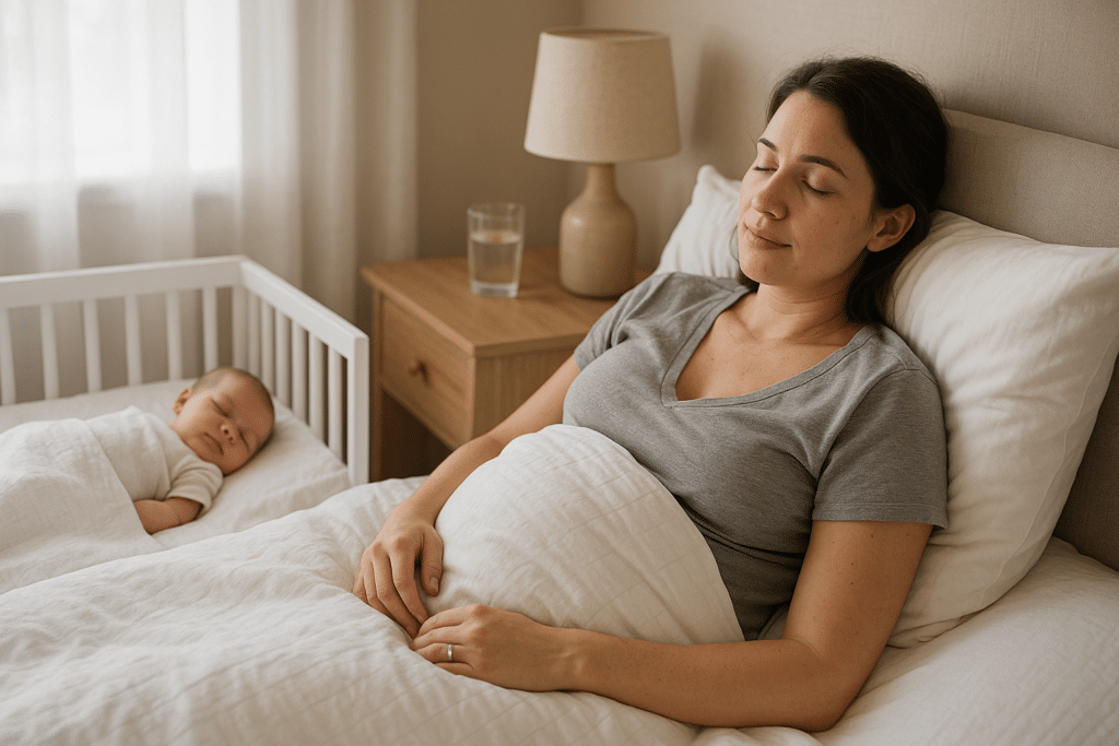 New mother resting with baby during postpartum recovery – 5-5-5 rule