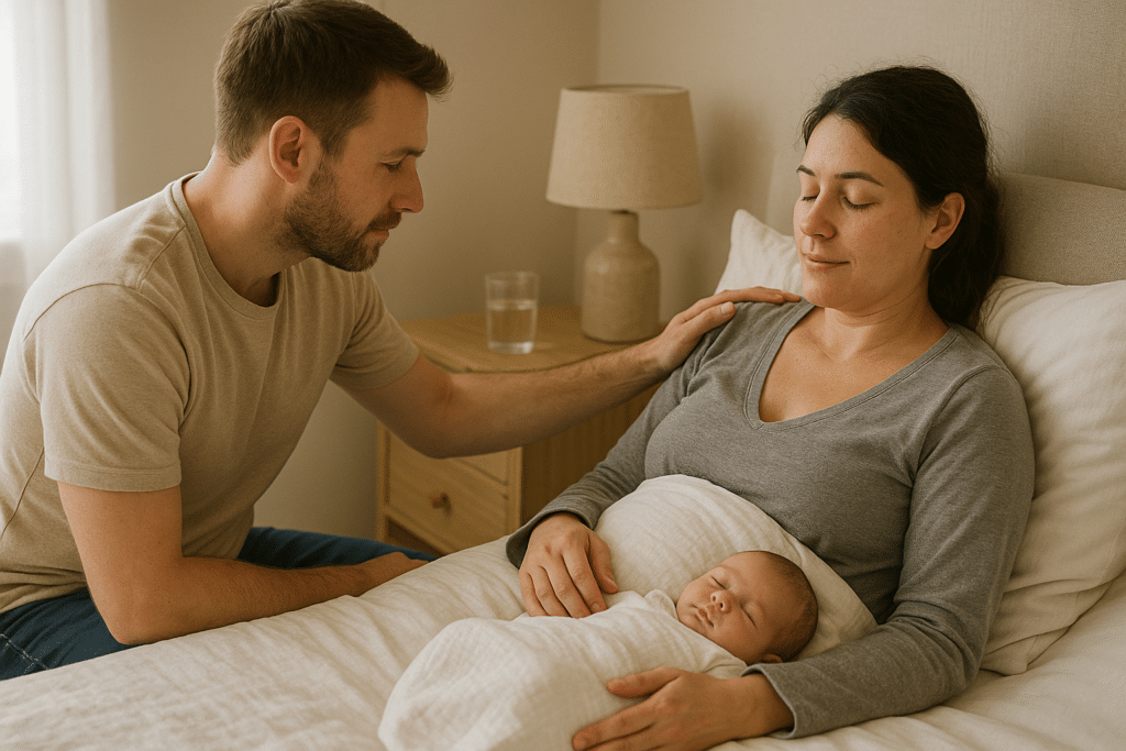 Postpartum couple bonding with newborn during 5-5-5 rule recovery