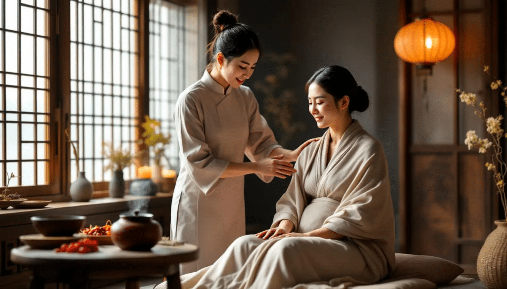 a new mother is practicing traditional Chinese medicine during her postpartum recovery