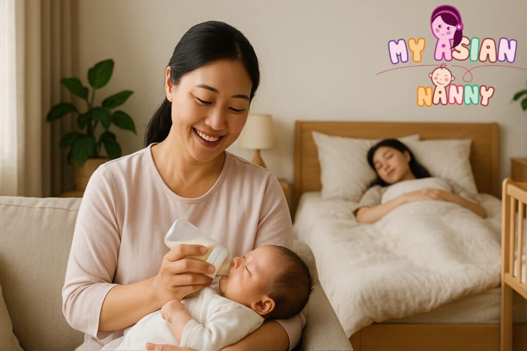 母亲躺在床上休息,中国式禁闭保姆照顾婴儿