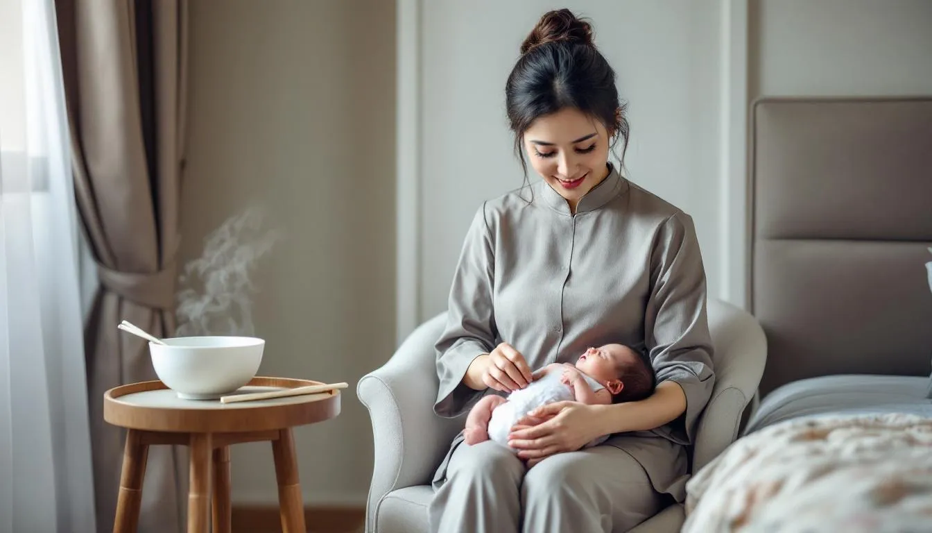 該圖片描繪了一名專業的月子保姆，或稱 yue sao，在中國坐月子期間為新生兒提供護理。她正在準備傳統的月子餐，同時為新媽媽提供情感支援，展示了傳統做法和現代護理在產後康復中的融合。