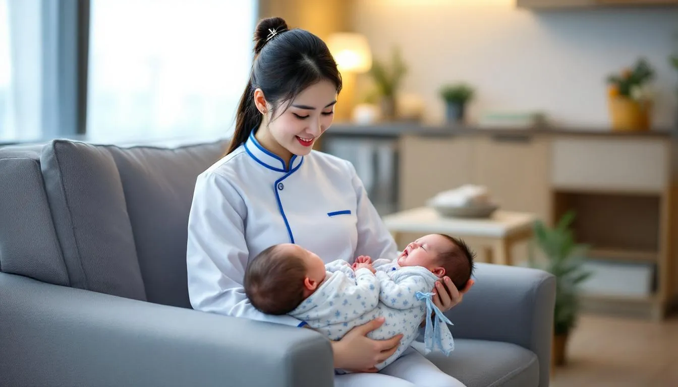 A postpartum nanny, also known as a Chinese confinement nanny, is shown providing compassionate care to a new mother and her newborn, assisting with infant care, meal preparation, and light household tasks to support the family's transition during the postpartum period. This specialized caregiver offers emotional support and guidance based on traditional Chinese medicine principles, ensuring both the mother and baby receive the attention they need for recovery and well-being.