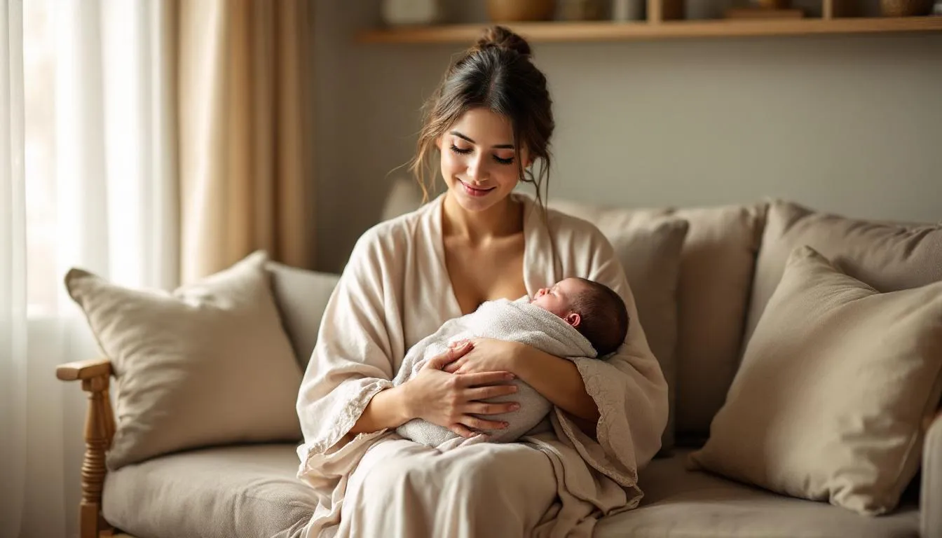 The image depicts a caring postpartum doula providing emotional support to a new mother, who is resting with her newborn in a cozy, well-lit room. The doula is offering guidance on basic newborn care, ensuring the mother feels confident and supported during her postpartum recovery.