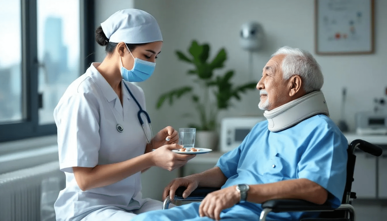 In the image, an Asian nurse is compassionately assisting an elderly Asian man with his medications, highlighting the importance of culturally competent services in caregiving. This scene reflects the deep family connections and support often seen in Asian cultures, emphasizing the role of family caregivers in promoting the health and well-being of their loved ones.