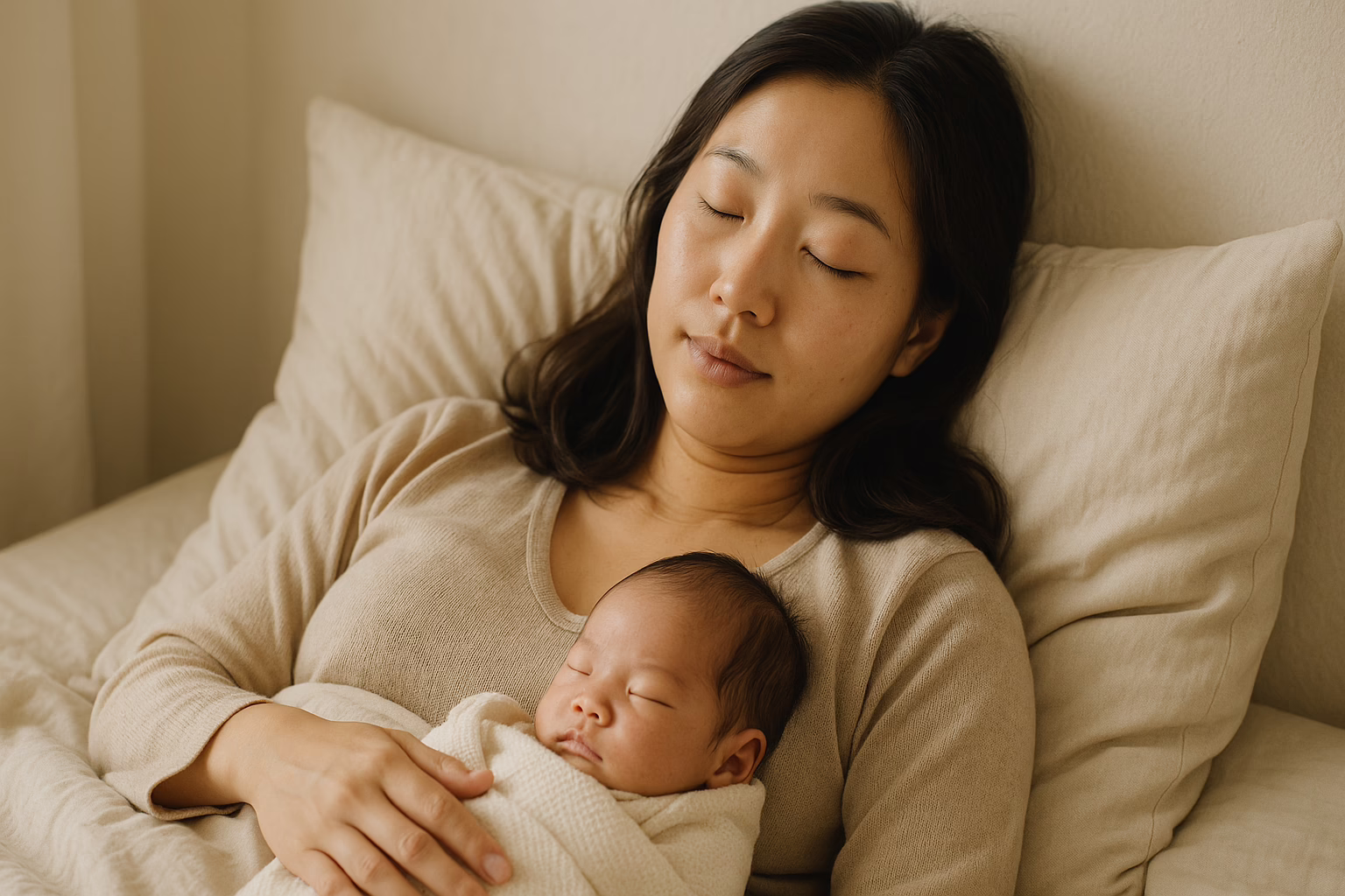 Asian mother resting in bed with her newborn baby