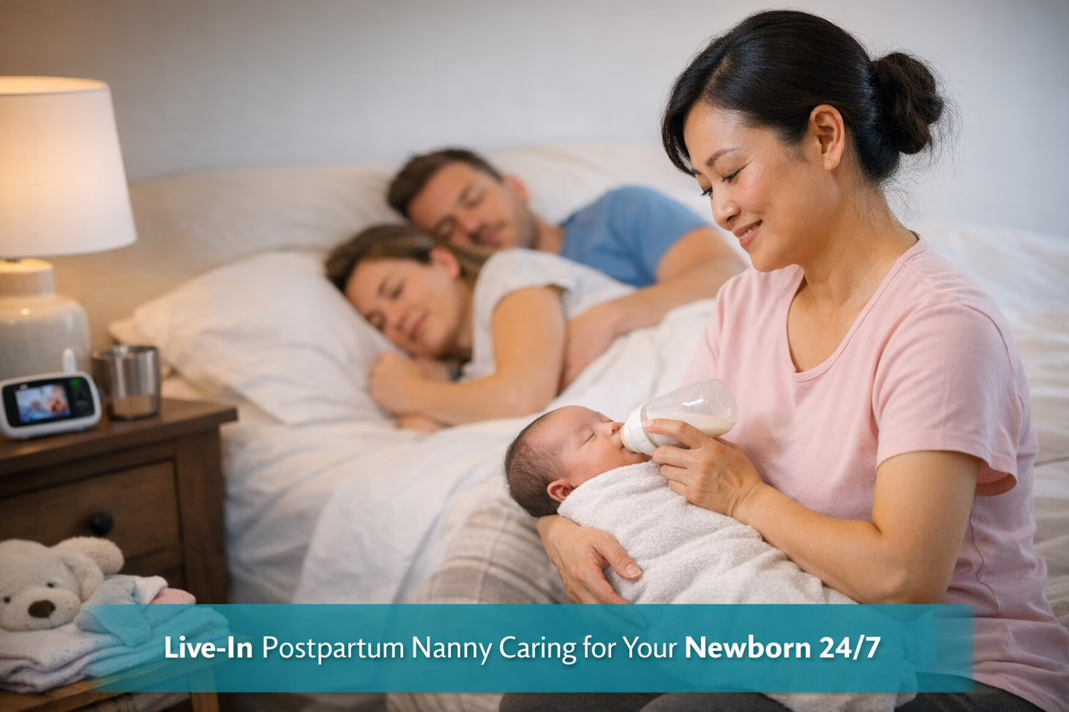 A live-in postpartum nanny providing overnight newborn care so parents can rest and recover