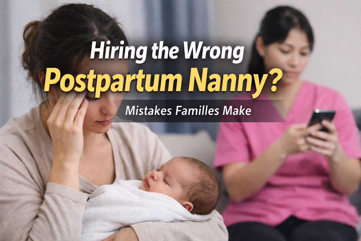 Stressed new mother holding her newborn while an Asian postpartum nanny looks distracted in the background, illustrating mistakes families make when hiring the wrong postpartum nanny