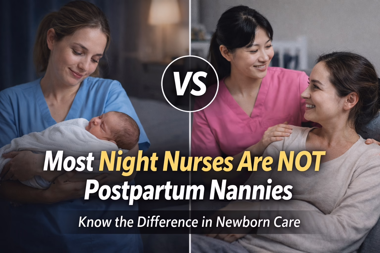 Comparison between a night nurse providing overnight newborn care and a postpartum nanny supporting both mother and baby after birth