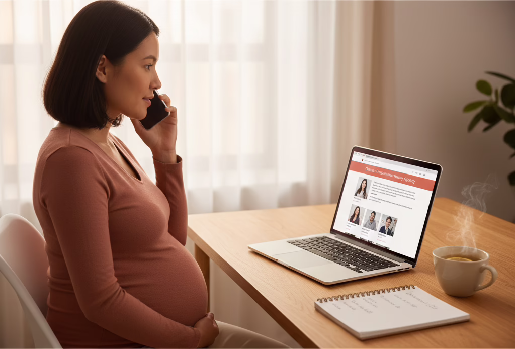 Expectant mother on a phone consultation with a postpartum nanny agency coordinator, planning her postpartum care timeline with candidate profiles on her laptop