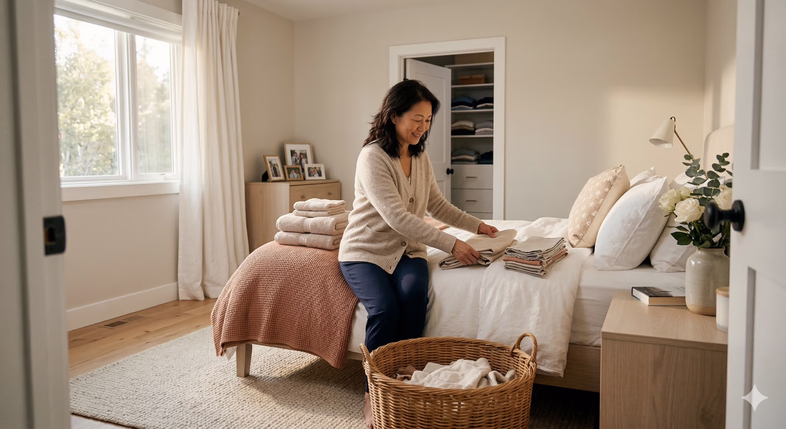 女管家在井井有条的家庭卧室中叠放干净的衣物和床单