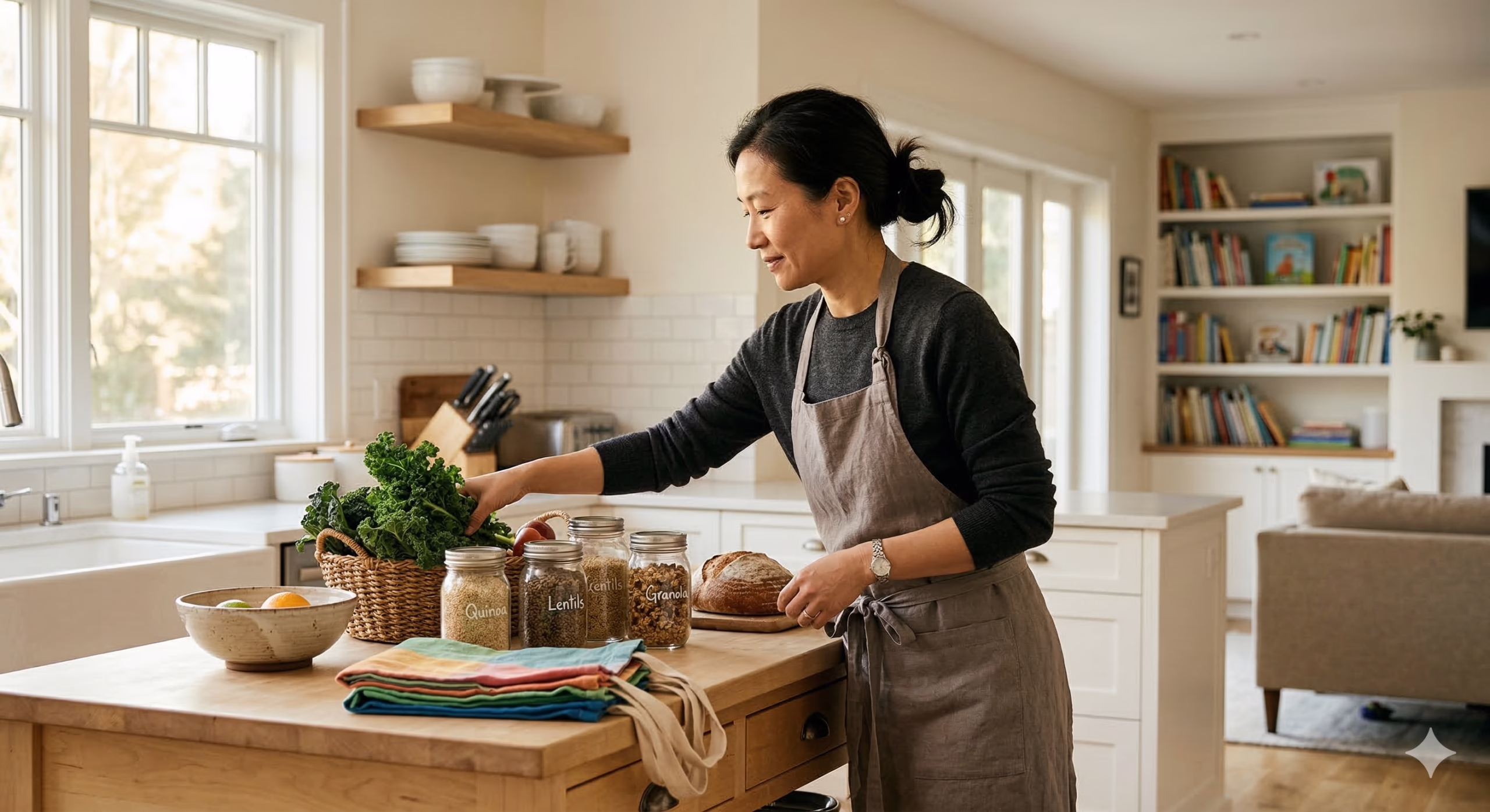 在阳光充足的家庭住宅中,专业管家在厨房岛上摆放新鲜农产品