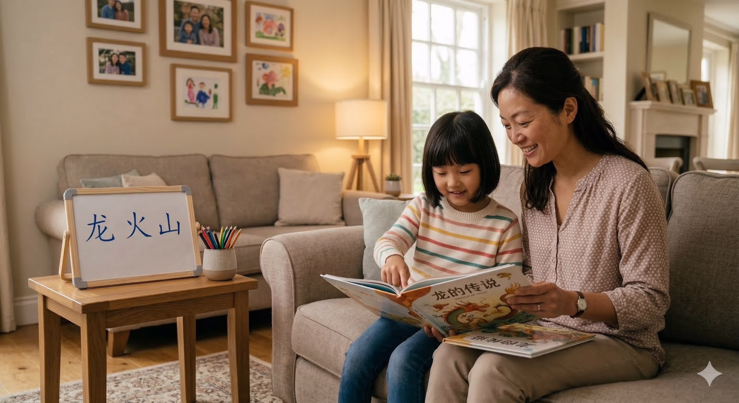 Tutor and young child reading a Chinese language picture book together during a private lesson in a family living room