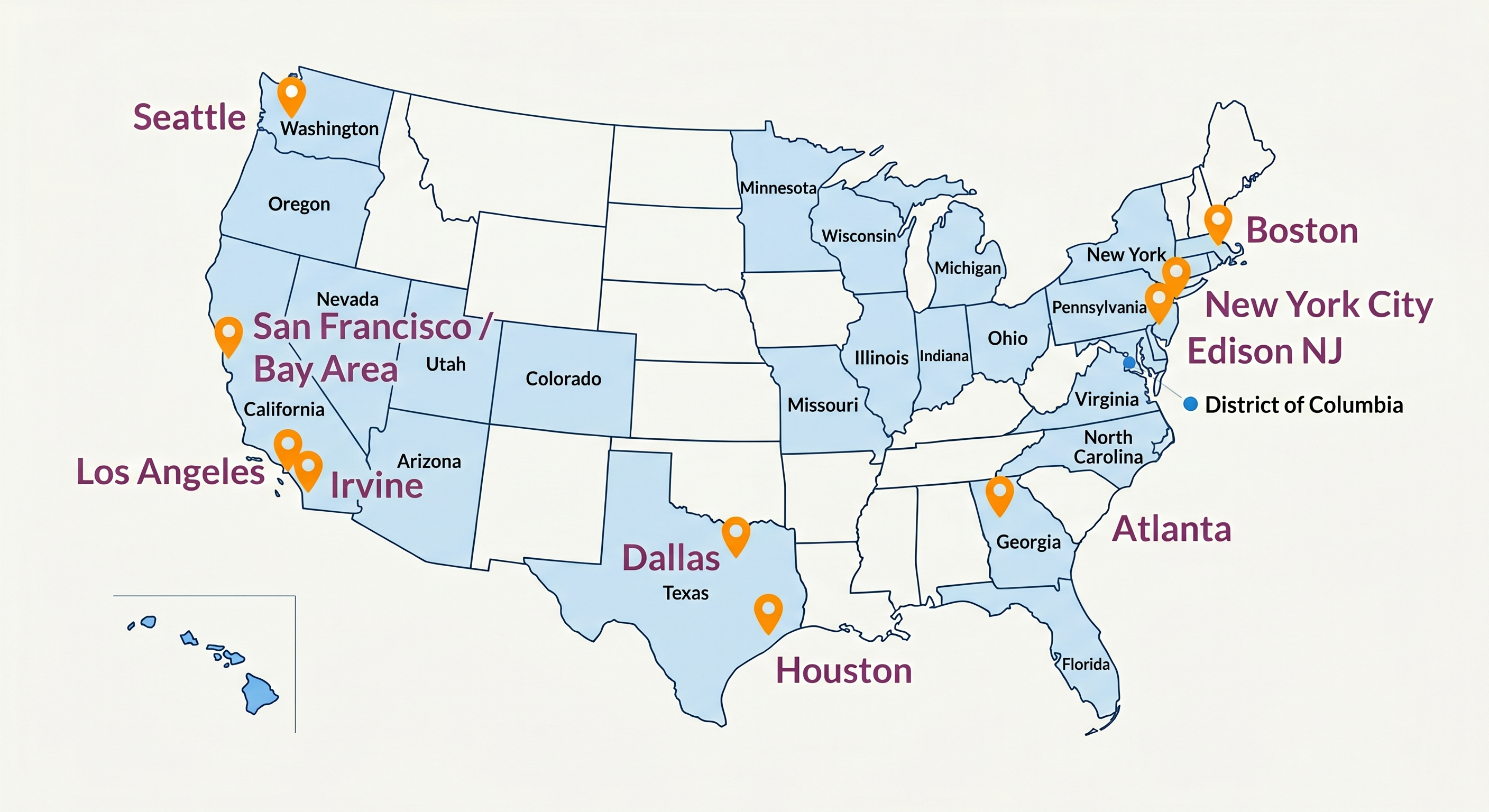 Map of the United States highlighting My Asian Nanny placement metros for Chinese nannies including the Bay Area, Los Angeles, New York, Dallas, and Seattle
